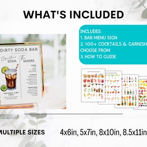 May include: Printable digital download for a dirty soda bar sign. The sign features a watercolor illustration of a glass of soda with lime wedges and a straw. The sign includes the text "Dirty Soda Bar", "Signature Soda", and "The Mixers". The sign also lists ingredients for the soda, including soda, syrups, and toppings. The sign is available in multiple sizes: 4x6 inches, 5x7 inches, 8x10 inches, and 8.5x11 inches.