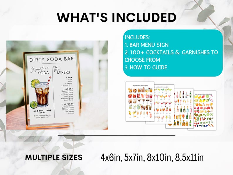 May include: Printable digital download for a dirty soda bar sign. The sign features a watercolor illustration of a glass of soda with lime wedges and a straw. The sign includes the text "Dirty Soda Bar", "Signature Soda", and "The Mixers". The sign also lists ingredients for the soda, including soda, syrups, and toppings. The sign is available in multiple sizes: 4x6 inches, 5x7 inches, 8x10 inches, and 8.5x11 inches.