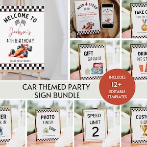 Racing Party Sign Bundle bearbeitbar, Rennautos Geburtstagsfeier Dekor, Auto Party Favor & Geschenke Zeichen 4. Geburtstagsfeier Geburtstag Signage