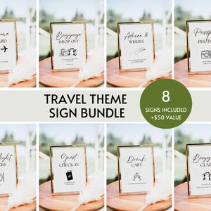 Pacchetto di cartelli a tema di viaggio per matrimoni, baby shower modificabili, decorazioni per feste di compleanno in aereo, addio al nubilato avventuroso, pensionamento Bon Voyage