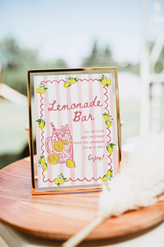 Lemonade Bar Sign, Lemonade bar Mocktail Print, Pink Stripes Lemon Drink Menu Template, Non Alcoholic Bar Grad Baby Bridal Shower Decor