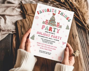 Favorite Things Holiday Party Invitation Template, Christmas Gift Exchange Invite, Pink Retro Girls Night Christmas Party Invite Printable