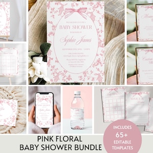 Pacote de chá de bebê Toile De Jouy, pacote de chá de bebê com laço rosa menina, placas florais vintage para brunch de bebê e jogos, modelo editável para impressão