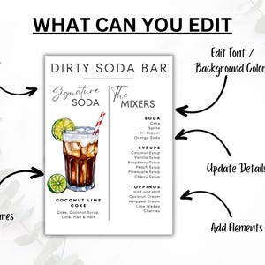 May include: A printable sign for a dirty soda bar with a list of sodas, syrups, and toppings. The sign features a hand-drawn illustration of a glass of coconut lime coke.