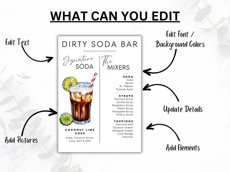 May include: A printable sign for a dirty soda bar with a list of sodas, syrups, and toppings. The sign features a hand-drawn illustration of a glass of coconut lime coke.