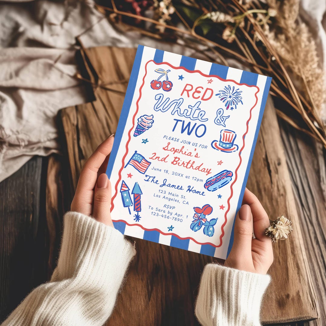 Red White and Two 2nd Birthday Invitation Template, Editable Canva ...