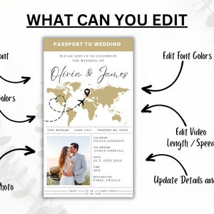May include: A customizable wedding invitation template with a passport theme. The invitation features a world map with a gold background and a photo of the couple. The text on the invitation reads "Passport to Wedding" and includes the couple's names, wedding date, time, and location. The invitation can be edited to include the couple's names, wedding date, time, location, and photo.