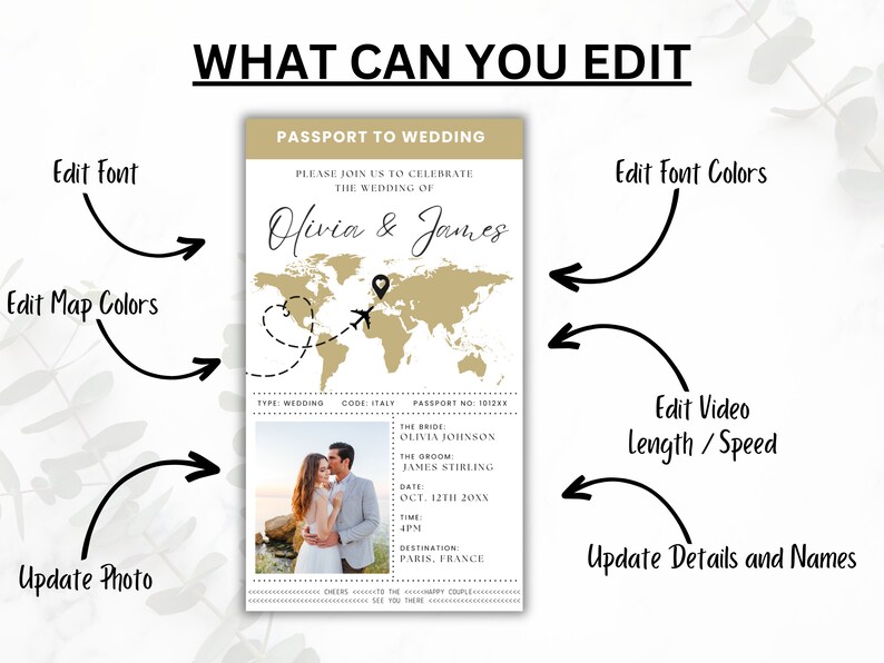 May include: A customizable wedding invitation template with a passport theme. The invitation features a world map with a gold background and a photo of the couple. The text on the invitation reads "Passport to Wedding" and includes the couple's names, wedding date, time, and location. The invitation can be edited to include the couple's names, wedding date, time, location, and photo.