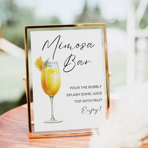 Znak baru Mimosa, nowoczesny nadruk koktajlowy Mimosa, znak Mimosa, szablon baru z szampanem na imprezę brunchową, plakat Mimosa Tagi na sok Mimosa Wystrój wózka barowego