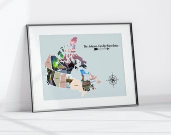 Könnte beinhalten: Ein gerahmter Druck mit einer Karte von Kanada, die in Segmente unterteilt ist, wobei jedes Segment verschiedene Landschaftsfotografien zeigt. Der Text "The Johnson Family Adventures" steht über einem schwarzen Pfeil und einer Windrose.