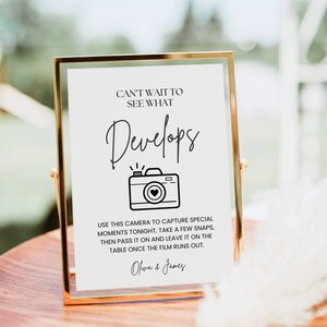 Disposable Camera Sign, Minimalist Wedding Sign, Can&#39;t Wait to See What Develops Sign Guest Photo Camera Instructions Shower Decor Printable