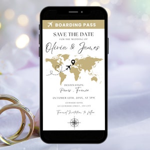 May include: A smartphone screen displaying a save the date announcement for Olivia & James' wedding in Paris, France on October 12th. The announcement features a world map with a plane and heart icon, and the text "Boarding Pass" at the top.