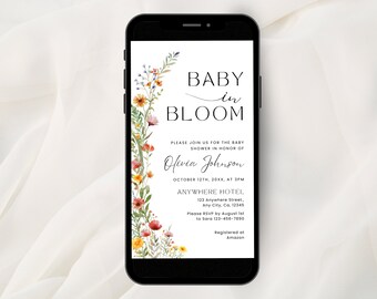 Baby in Bloom Invitation Digital Template, Animated Baby Shower Invite, Wildflower Baby Shower evite, Spring Summer Floral Shower Editable