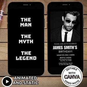 Digital Men Birthday Invitation Template, The Man the Myth The Legend Birthday Invite Animated, Cool Photo Birthday for Man Invite Phone