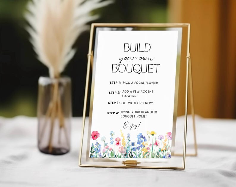Flower Bar Sign, Build your own Bouquet Print Template, Floral Bridal Shower Sign, Flower Bar Cart Poster Wildflower Baby Shower Printable image 2