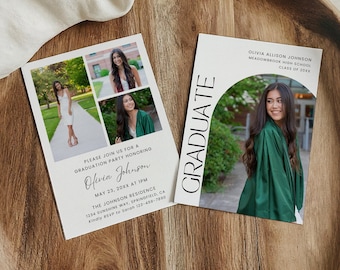 Può includere: Due cartoline bianche di annuncio di laurea con foto di una persona. La carta a sinistra include tre foto e i dettagli per una festa. La carta a destra presenta una grande foto, la parola GRADUATE e il nome Olivia Allison Johnson.