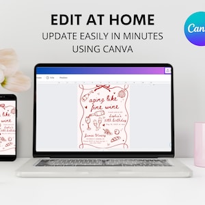 May include: A laptop and smartphone display a red wine-themed invitation design with the text "aging like fine wine." The invitation is for Sophia's 50th birthday. The image also includes the Canva logo and the words "Edit at Home."