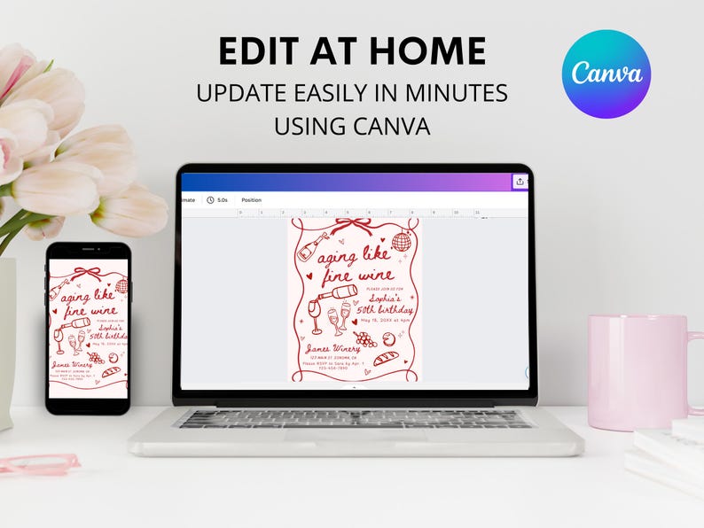 May include: A laptop and smartphone display a red wine-themed invitation design with the text "aging like fine wine." The invitation is for Sophia's 50th birthday. The image also includes the Canva logo and the words "Edit at Home."