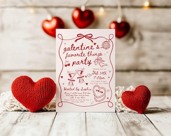 Galentine's Day Invitation Template, Valentine's Favorite Things Party Invite, Pink Whimsical hand drawn Girls Night Gift Exchange Printable
