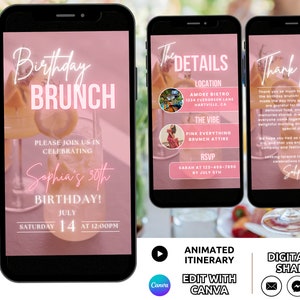 K&ouml;nnte beinhalten: Eine digitale Einladung in Rosa und Wei&szlig; f&uuml;r einen Geburtstagsbrunch. Die Einladung zeigt ein Foto eines Mimosa und den Text "Birthday Brunch", "Sophia's 30th Birthday!" und "Samstag, 14. Juli um 12:00 Uhr".