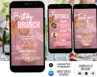 Digital Birthday Brunch Invitation Template, Bubbly and Brunch Invite Animated, Mimosa Brunch Party Pink Birthday Celebration Invite Phone