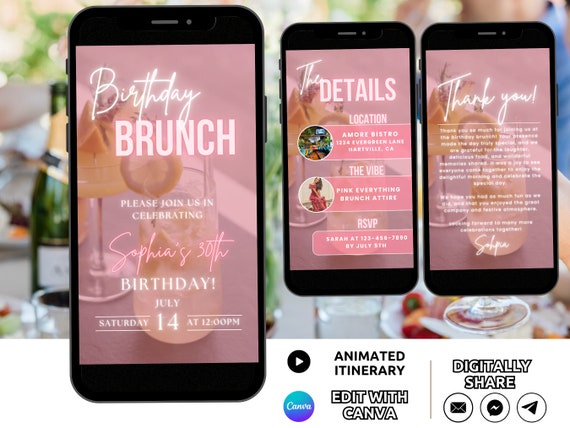 Digital Birthday Brunch Invitation Template, Bubbly and Brunch Invite Animated, Mimosa Brunch Party Pink Birthday Celebration Invite Phone