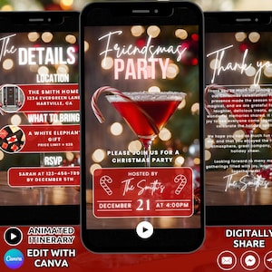 May include: A digital invitation for a Friendsmas party with a red and white candy cane design. The invitation includes the date, time, location, and what to bring. The text reads "Friendsmas Party", "December 21 at 4:00 PM", "The Smith Home", "1234 Evergreen Lane", "Hartville, CA", "A White Elephant Gift", "Price Limit - $25", and "RSVP Sarah at 123-456-789 by December 5th".