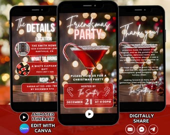 May include: A digital invitation for a Friendsmas party with a red and white candy cane design. The invitation includes the date, time, location, and what to bring. The text reads "Friendsmas Party", "December 21 at 4:00 PM", "The Smith Home", "1234 Evergreen Lane", "Hartville, CA", "A White Elephant Gift", "Price Limit - $25", and "RSVP Sarah at 123-456-789 by December 5th".