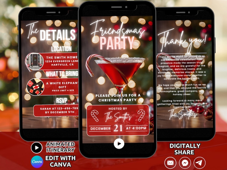 May include: A digital invitation for a Friendsmas party with a red and white candy cane design. The invitation includes the date, time, location, and what to bring. The text reads "Friendsmas Party", "December 21 at 4:00 PM", "The Smith Home", "1234 Evergreen Lane", "Hartville, CA", "A White Elephant Gift", "Price Limit - $25", and "RSVP Sarah at 123-456-789 by December 5th".