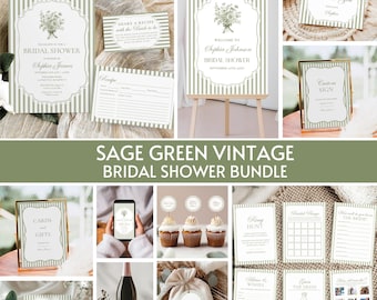 Sage Green Bridal Shower Bundle, Stripe Boho Floral Bridal Shower Invite Signs & Games Bundle Elegant Vintage Coquette Set Editable Template