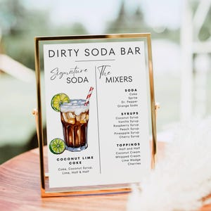 Letrero de bar de refrescos sucios, impresión de cóctel sin alcohol, plantilla de menú de bar de bebidas de autor, póster de bar de refrescos sin alcohol, decoración para despedidas de soltera y graduaciones.