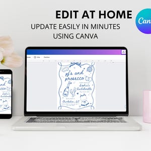May include: A laptop computer screen displaying a digital design for a hen party invitation. The design features a blue and white illustration of a bottle of prosecco, glasses, and the text "pj's and prosecco" and "Sophia's bachelorette". The text "Charleston, SC" is also included in the design.