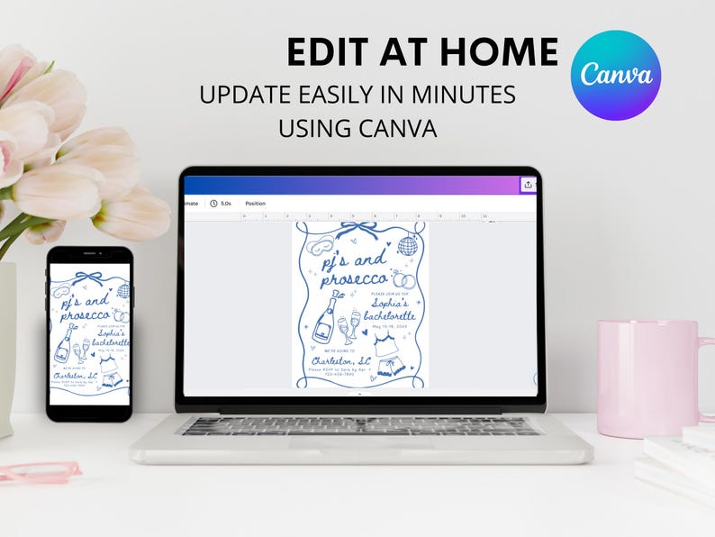 May include: A laptop computer screen displaying a digital design for a hen party invitation. The design features a blue and white illustration of a bottle of prosecco, glasses, and the text "pj's and prosecco" and "Sophia's bachelorette". The text "Charleston, SC" is also included in the design.