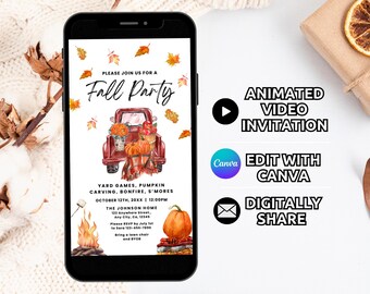 Puede incluir: Un teléfono inteligente muestra una invitación digital para una fiesta de otoño con un camión rojo, calabazas y hojas. El texto dice: Please join us for a Fall Party, yard games, pumpkin carving, bonfire, s'mores, October 12th, 20xx, 12:00pm.