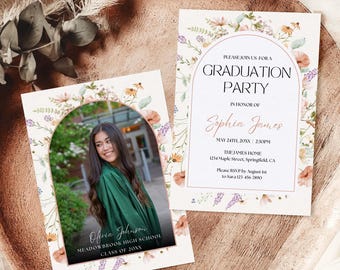 Graduation Invitation Template, Wildflower Floral Senior Graduate Announcement, Modern Boho Arch Photo Graduation Party Invite Card Editable
