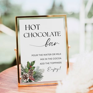 Znak baru z gorącą czekoladą, nowoczesne menu baru z gorącą czekoladą, szablon menu baru na przyjęcie świąteczne, minimalistyczny zimowy wystrój na wesele, baby shower