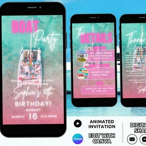 Boat Party Invitation Template, Digital Neon Boat Birthday Party Invite, Animated Lake Beach Pontoon Party Summer Celebration Invite Phone