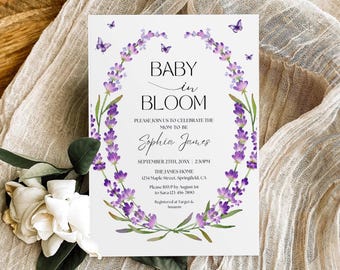 Lavender Baby Shower Invitation Template, Baby in Bloom Baby Shower Invite, Purple Butterfly Wildflower Floral Baby Brunch Invite Editable