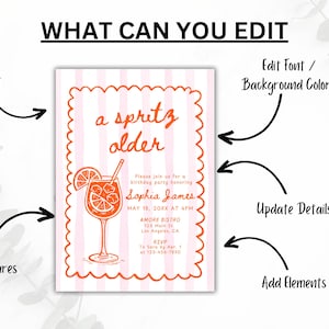 May include: A pink and white striped invitation with orange text and a cocktail illustration. The invitation reads "a spritz older" and includes details for a birthday party, including the name "Sophia James."