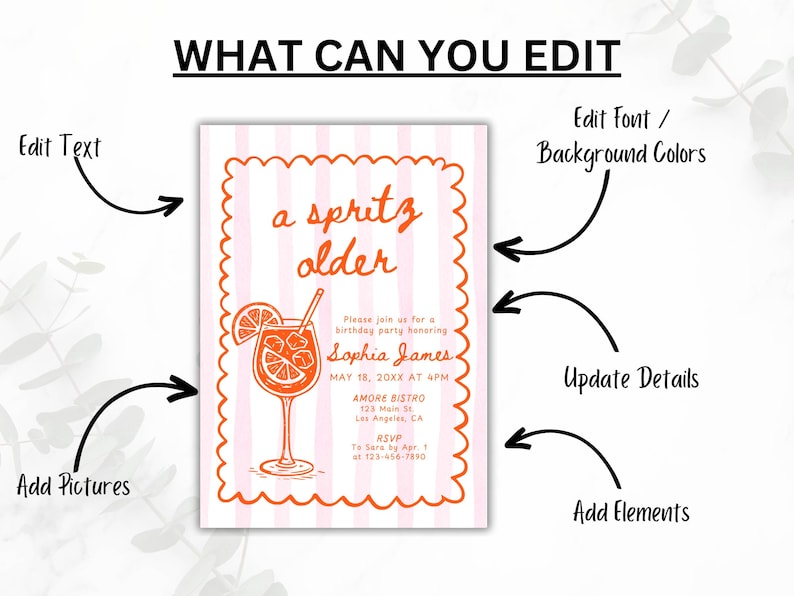 May include: A pink and white striped invitation with orange text and a cocktail illustration. The invitation reads "a spritz older" and includes details for a birthday party, including the name "Sophia James."
