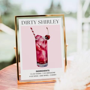 Znak Dirty Shirley Bar, nadruk koktajlowy Shirley Temple, szablon menu baru z drinkami plakat koktajlowy wiśniowy wystrój na wieczór panieński dla dzieci sztuka