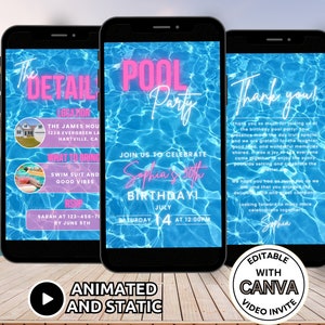 Pool Birthday Invitation Template, Digital Pool Party Invite Animated, Summer Birthday Party Itinerary Pool Beach Celebration Invite Phone