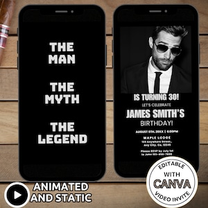 Digital Men Birthday Invitation Template, The Man the Myth The Legend Birthday Invite Animated, Cool Photo Birthday for Man Invite Phone