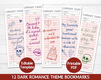 May include: A collection of 12 dark romance theme bookmarks. Each bookmark is designed to resemble a library card, featuring handwritten quotes, illustrations, and the text "Library Card". The bookmarks are in shades of pink, red, and blue.