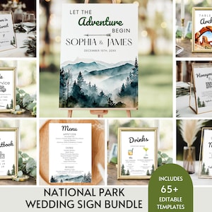 Pacchetto di cartelli per matrimoni del Parco Nazionale, modello di oltre 65 cartelli per matrimoni moderni, pacchetto di modelli di cartelli per matrimoni Segnaletica per matrimoni in montagna foresta stampabile