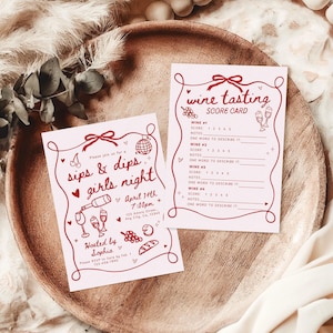 Sips Dips Invitation & Wine Tasting Card Template, Wine and Cheese Girls Night Party Invite, Pink Birthday Dinner Wine Party Game Printable image 2