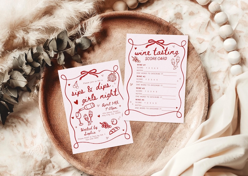 Sips Dips Invitation & Wine Tasting Card Template, Wine and Cheese Girls Night Party Invite, Pink Birthday Dinner Wine Party Game Printable image 2