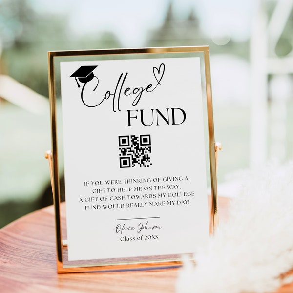 College Fund QR Code Sign Template, Modern Minimalist Graduation Party Sign, Custom High School Grad Table Sign, Venmo QR Code Sign Editable