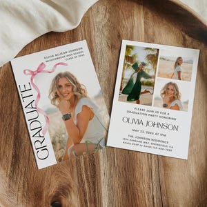Modelo de convite de formatura, anúncio de formatura sênior, convite para festa de formatura minimalista com laço, cartão de formatura com foto 2025 editável