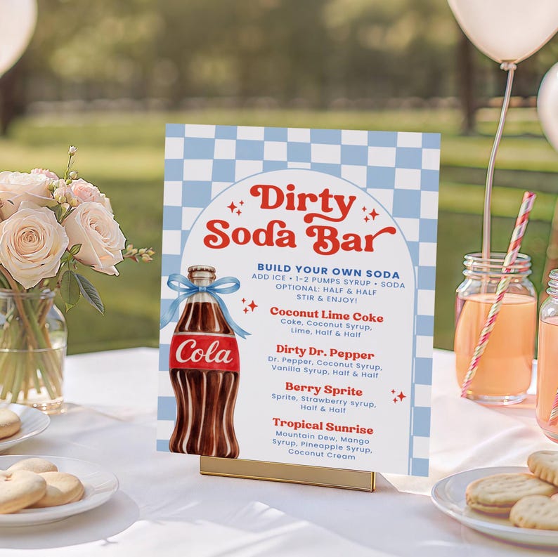 May include: A "Dirty Soda Bar" sign with a retro design. The sign features a Coca-Cola bottle illustration with a blue ribbon. The menu lists soda combinations like Coconut Lime Coke and Tropical Sunrise. The background is a blue and white checkered pattern.